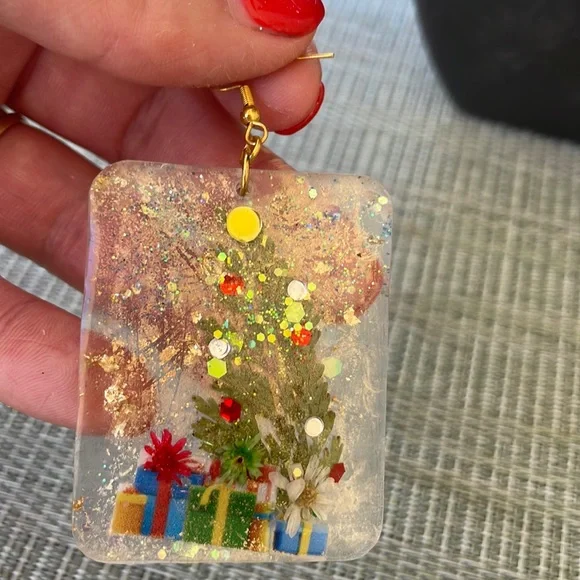 XMAS Handmade Large Pressed Flower Holiday Earrings Christmas Tree Rectangle - Picture 4 of 9